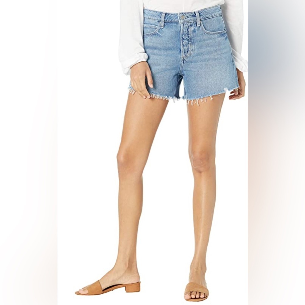 PAIGE Noella High Rise Denim Shorts 27 Petite Raw Hem Button Fly Serine - Picture 9 of 10